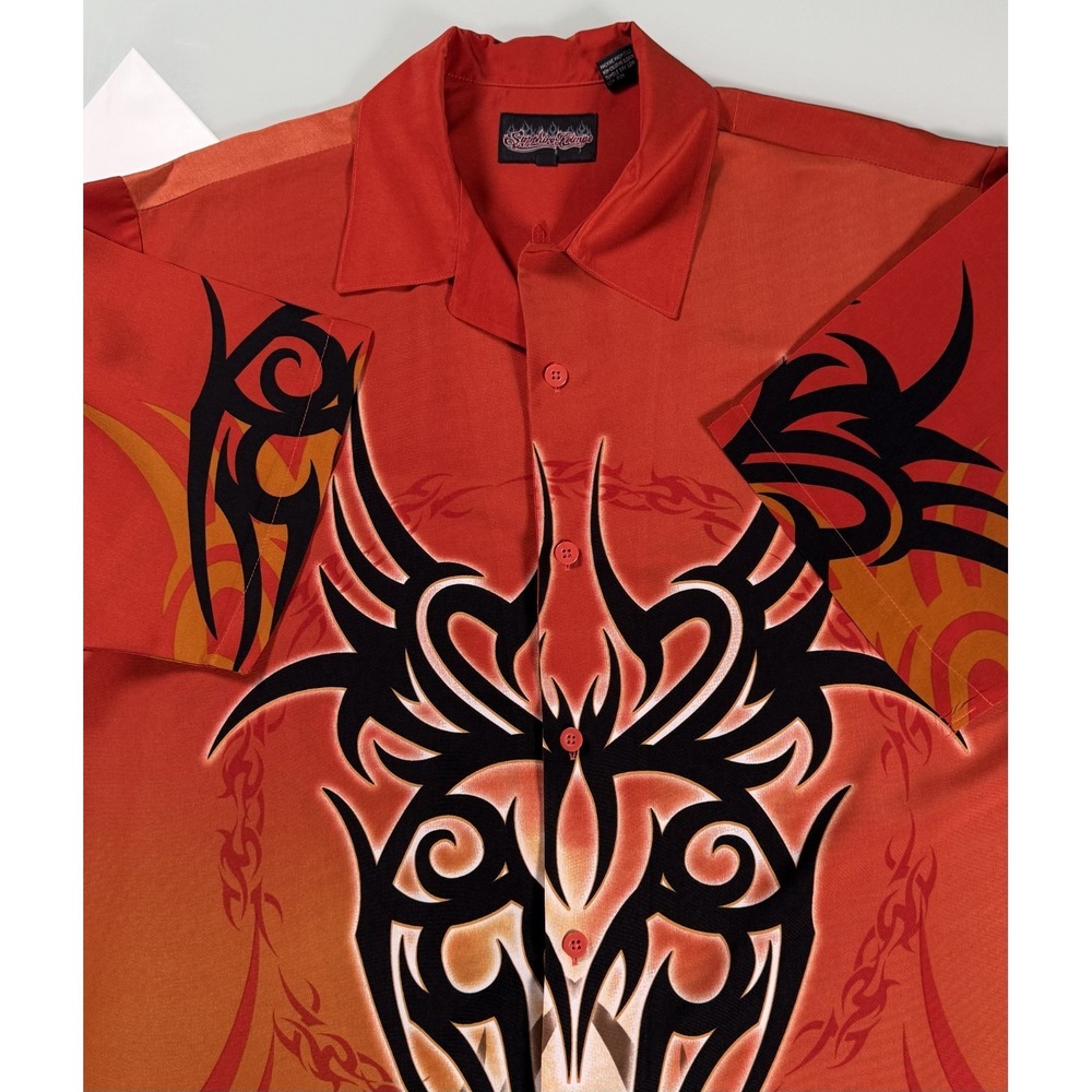Sapphire Lounge Shirt Mens XL Orange w/ Graphic Tribal Print Button Up SkateCore